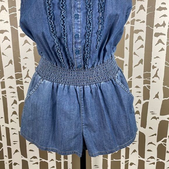 Blue Spice Denim Chambray Smocked Waist Romper M - Picture 3 of 8